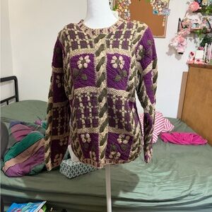 Vintage-Inspired Purple & Cream Patch Floral Crewneck Sweater
